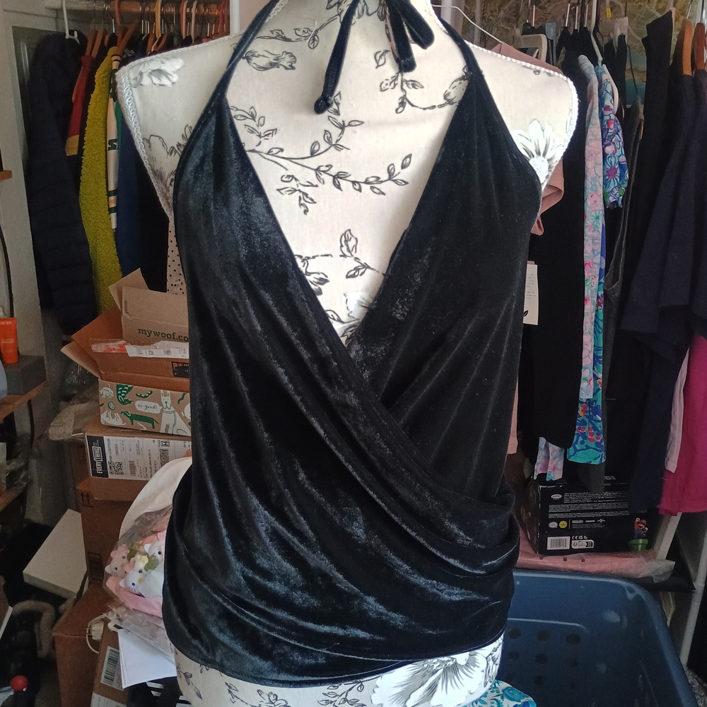 Open Edit Women's Black Velvet Halter Top